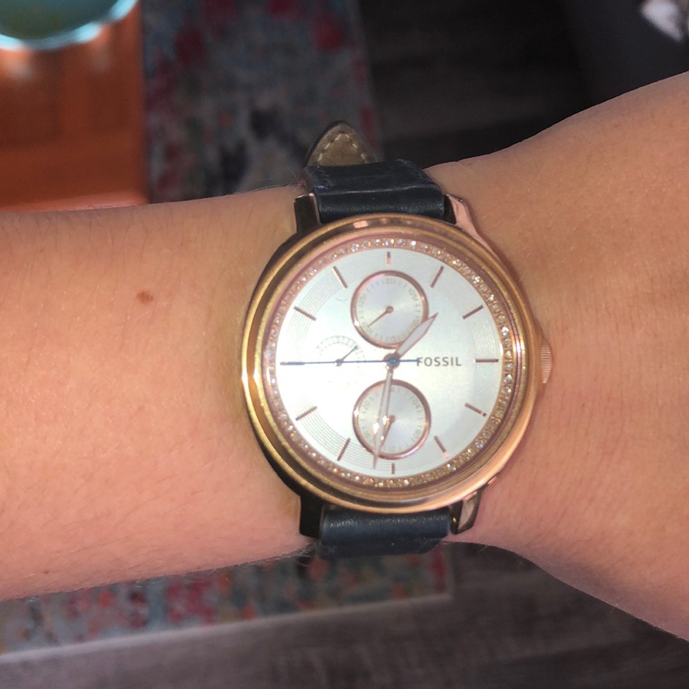 Gold Fossil Watch with Navy Leather Band